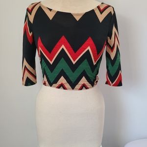 Crop Top Red Gold Green Black zigzag print Small